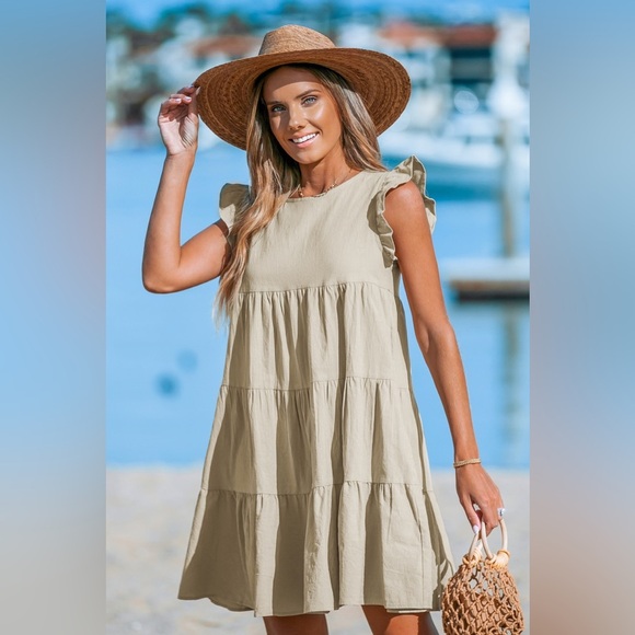 Cupshe Dresses & Skirts - NWT CUPSHE Flutter Sleeve Khaki Dress~100 % Cotton~XL